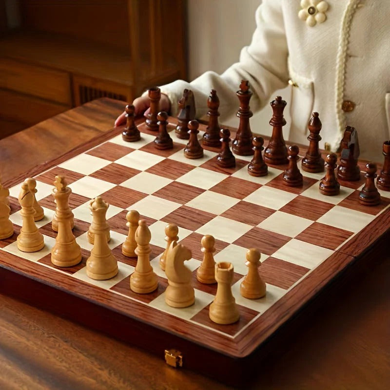 Chess Board with 34 Wooden Pieces and Aligned Grid Pattern
