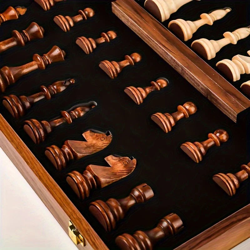 Chess Board with 34 Wooden Pieces and Aligned Grid Pattern