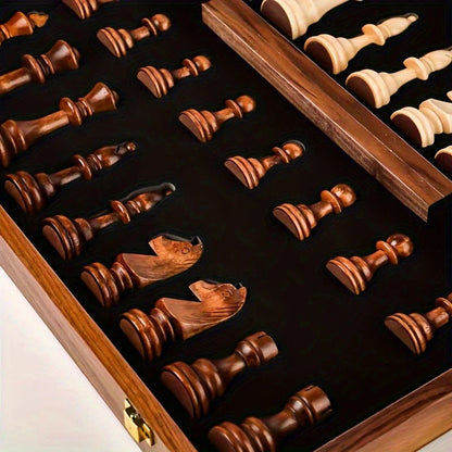Chess Board with 34 Wooden Pieces and Aligned Grid Pattern