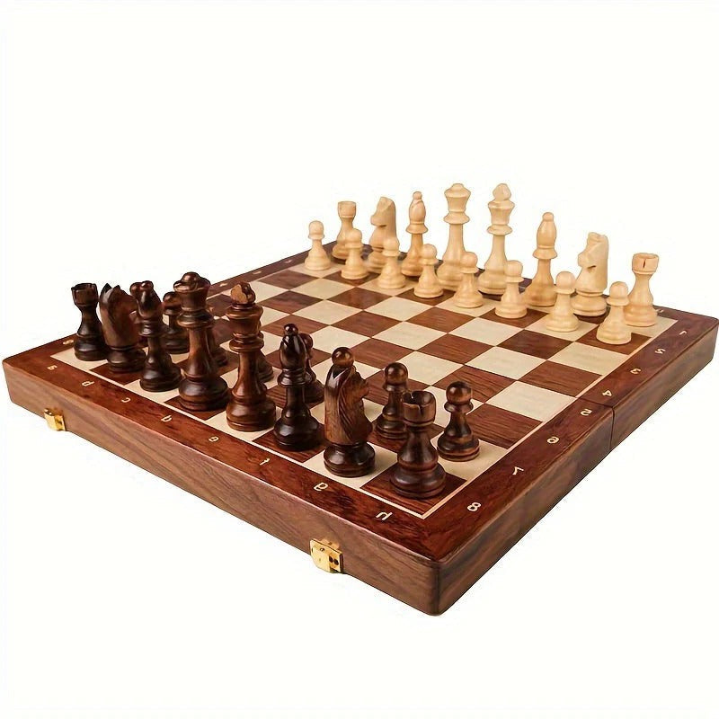 Chess Board with 34 Wooden Pieces and Aligned Grid Pattern