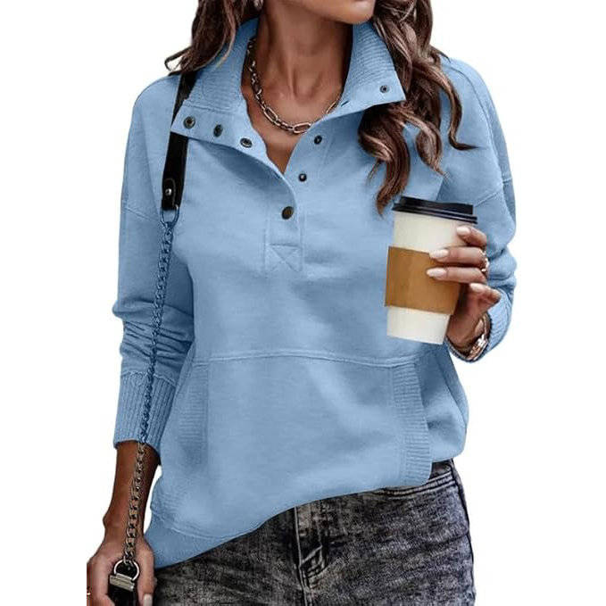 Women's Adjustable Drawstring Pullover with Stand Collar and Front Pockets