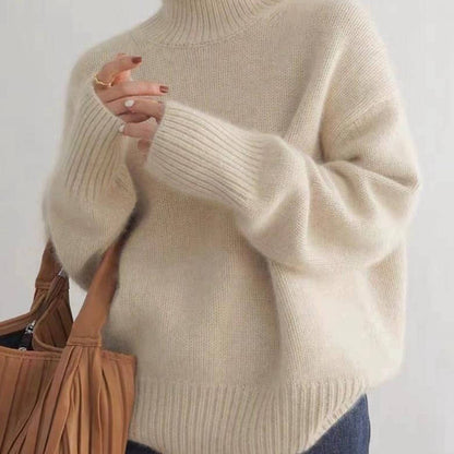 Women's Turtleneck Sweater with Stretch Knit and Full Length Sleeves, Loose Fit