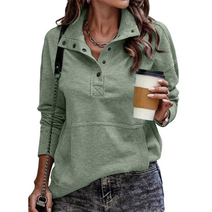 Women's Adjustable Drawstring Pullover with Stand Collar and Front Pockets