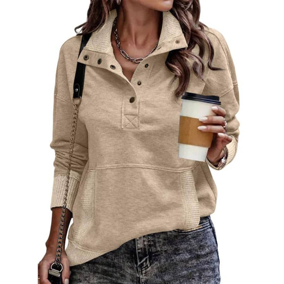 Women's Adjustable Drawstring Pullover with Stand Collar and Front Pockets