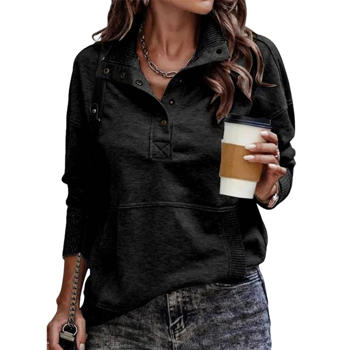 Women's Adjustable Drawstring Pullover with Stand Collar and Front Pockets