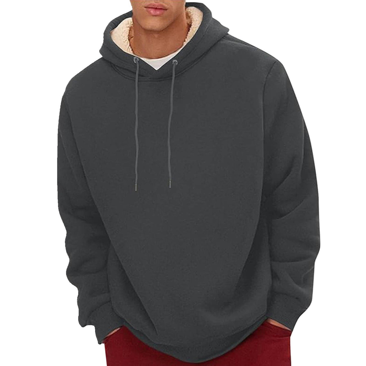 Men's Sherpa Fleece Hoodie with Hidden Zippered Pocket and Raglan Sleeves