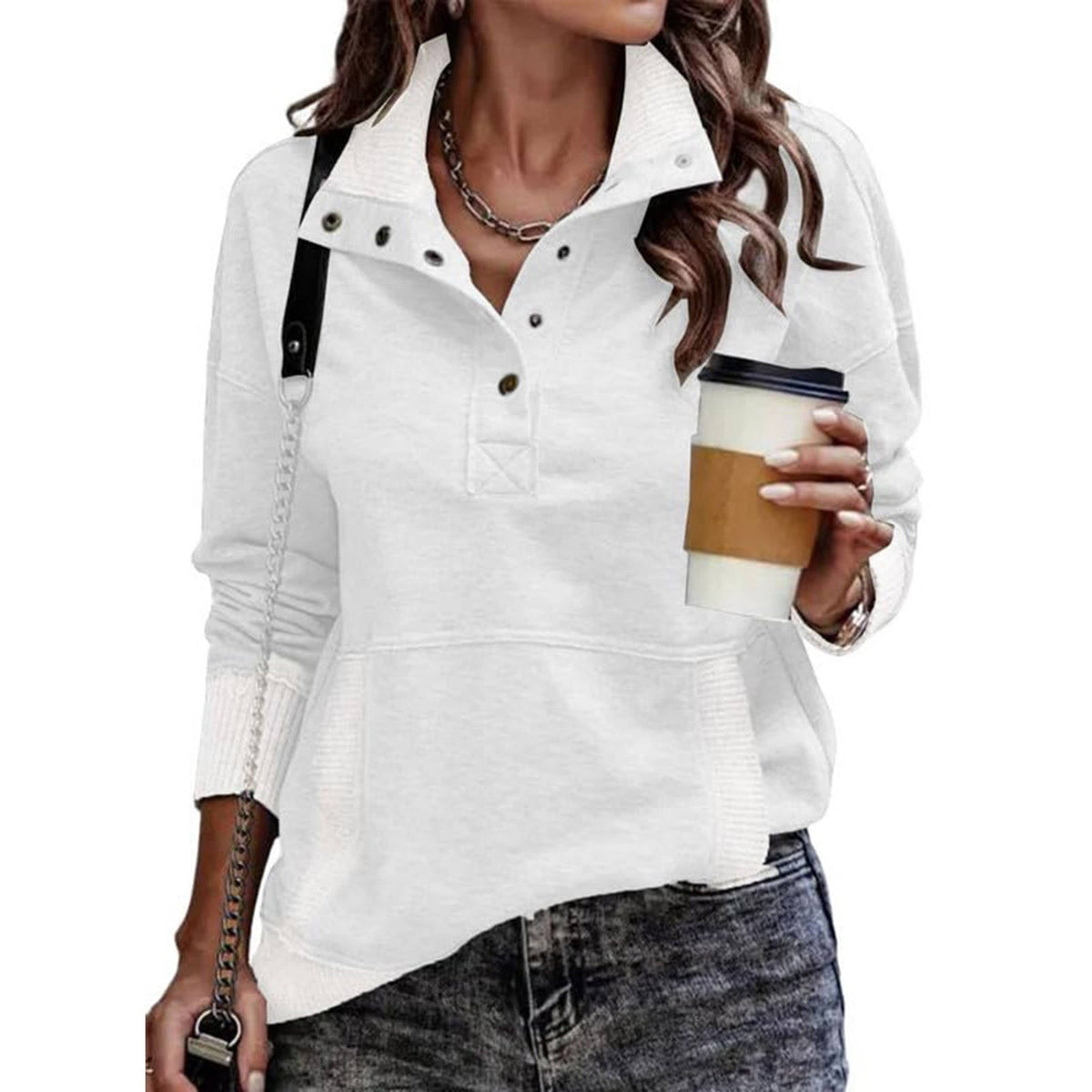 Women's Adjustable Drawstring Pullover with Stand Collar and Front Pockets