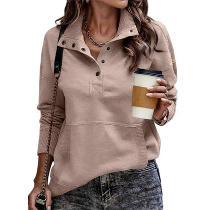 Women's Adjustable Drawstring Pullover with Stand Collar and Front Pockets