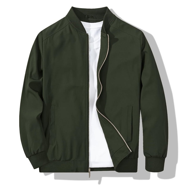 Men's Bomber Jacket with Metal Zipper, Rib Knit Collar and Matte Wind-Resistant Finish