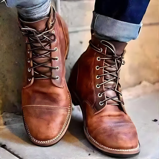 Brogue Lace-Up Boots with Round Toe and Mid-Calf Height, Rubber Outsole