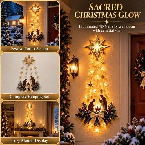 Lighted Hanging Nativity Ornament with Resin Holy Family Figures, a Cut Star and Warm White LED Lights