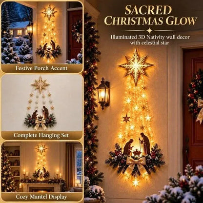Lighted Hanging Nativity Ornament with Resin Holy Family Figures, a Cut Star and Warm White LED Lights