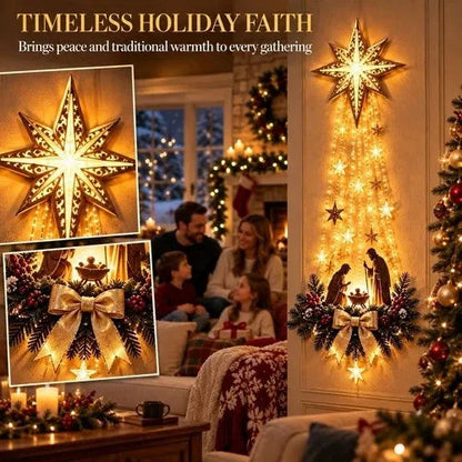 Lighted Hanging Nativity Ornament with Resin Holy Family Figures, a Cut Star and Warm White LED Lights
