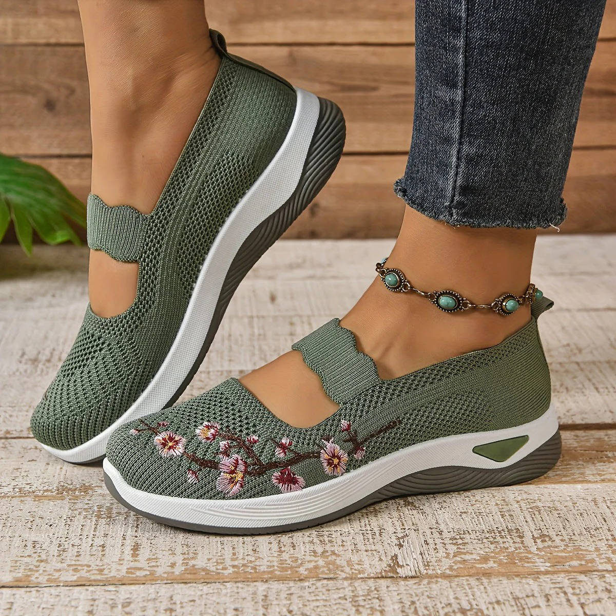 Women's Breathable Mesh Mary Jane Sneakers with Elastic Instep Strap and Textured Tread Sole