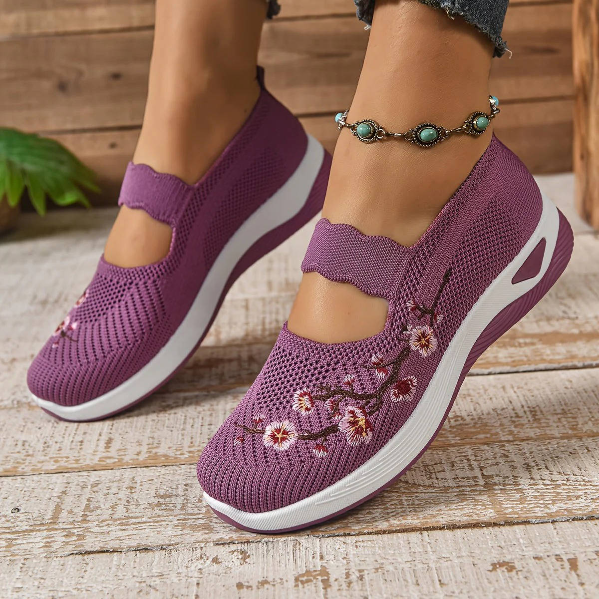 Women's Breathable Mesh Mary Jane Sneakers with Elastic Instep Strap and Textured Tread Sole