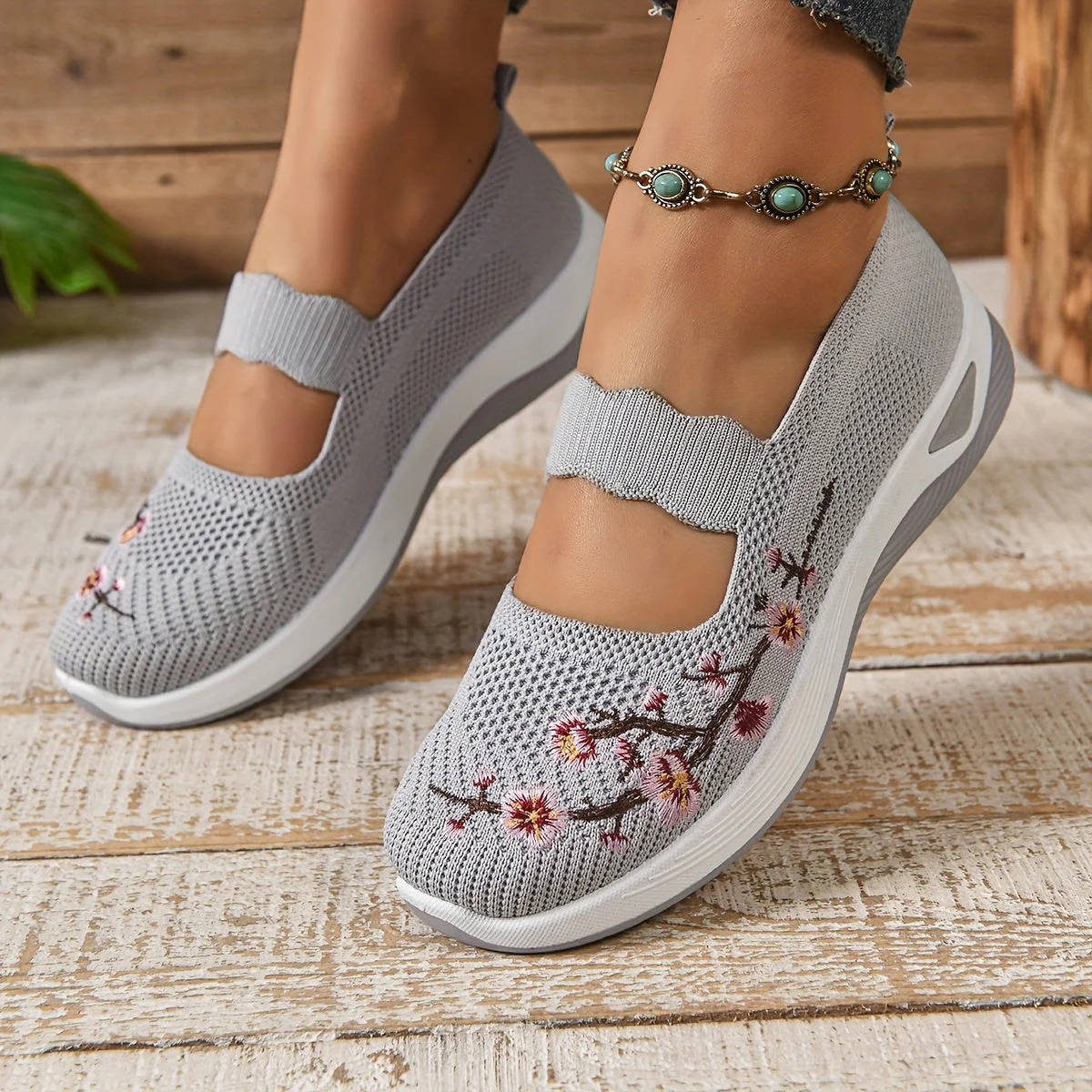 Women's Breathable Mesh Mary Jane Sneakers with Elastic Instep Strap and Textured Tread Sole
