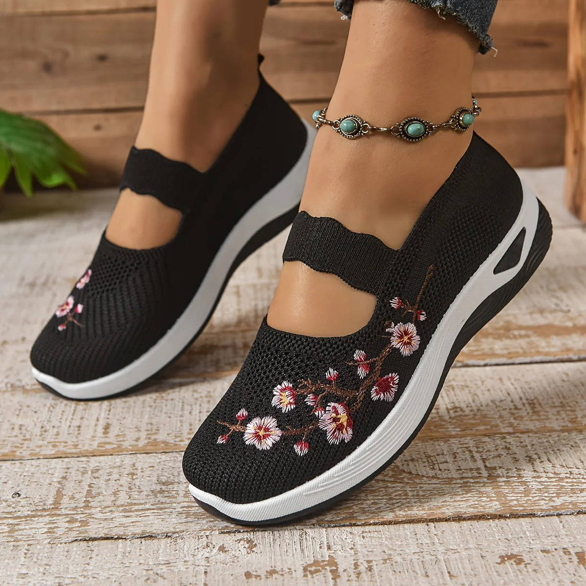 Women's Breathable Mesh Mary Jane Sneakers with Elastic Instep Strap and Textured Tread Sole