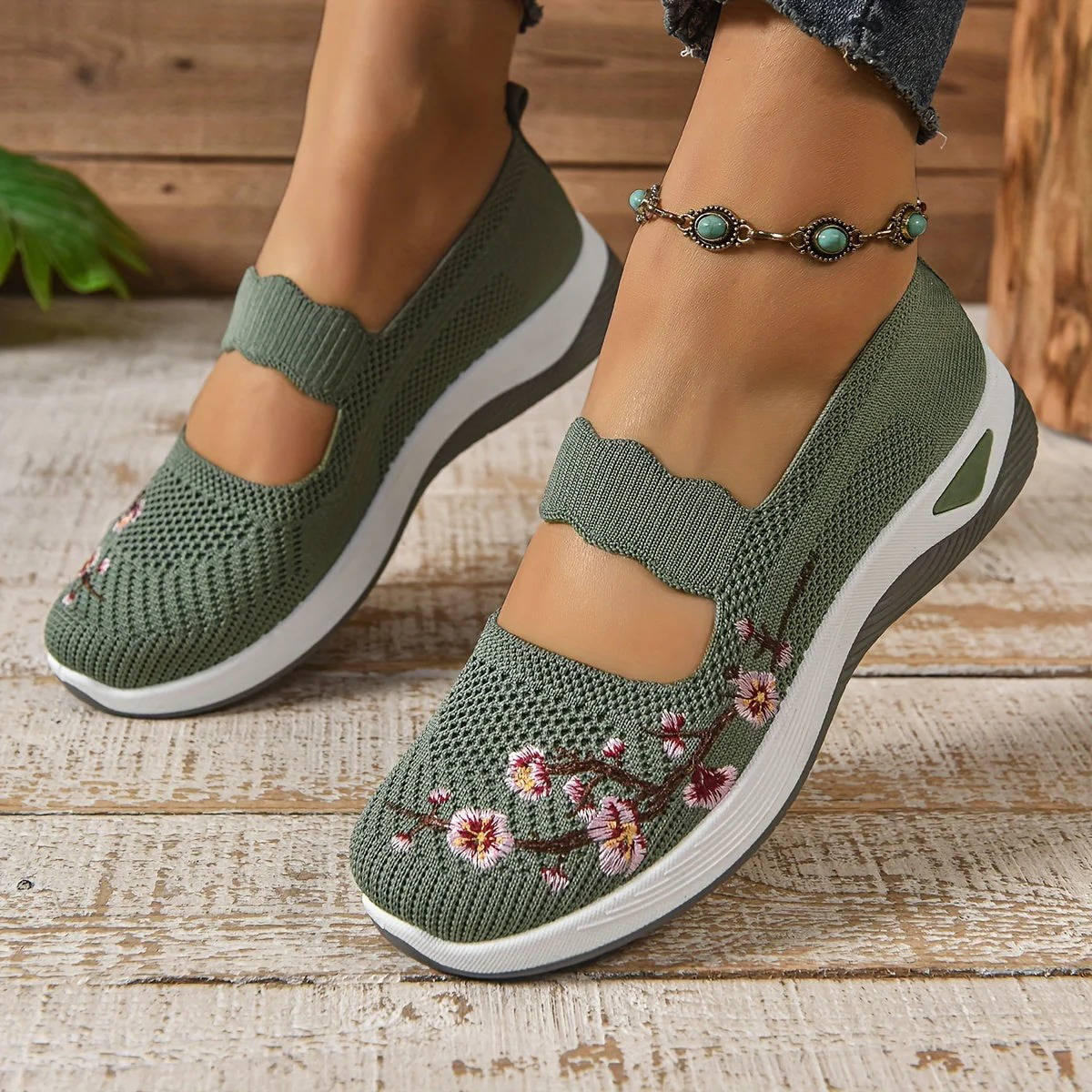 Women's Breathable Mesh Mary Jane Sneakers with Elastic Instep Strap and Textured Tread Sole