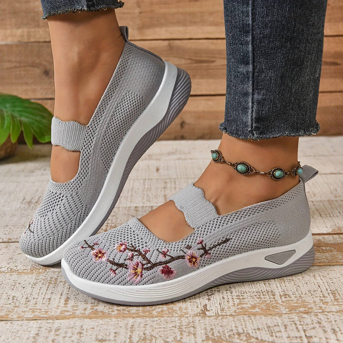 Women's Breathable Mesh Mary Jane Sneakers with Elastic Instep Strap and Textured Tread Sole