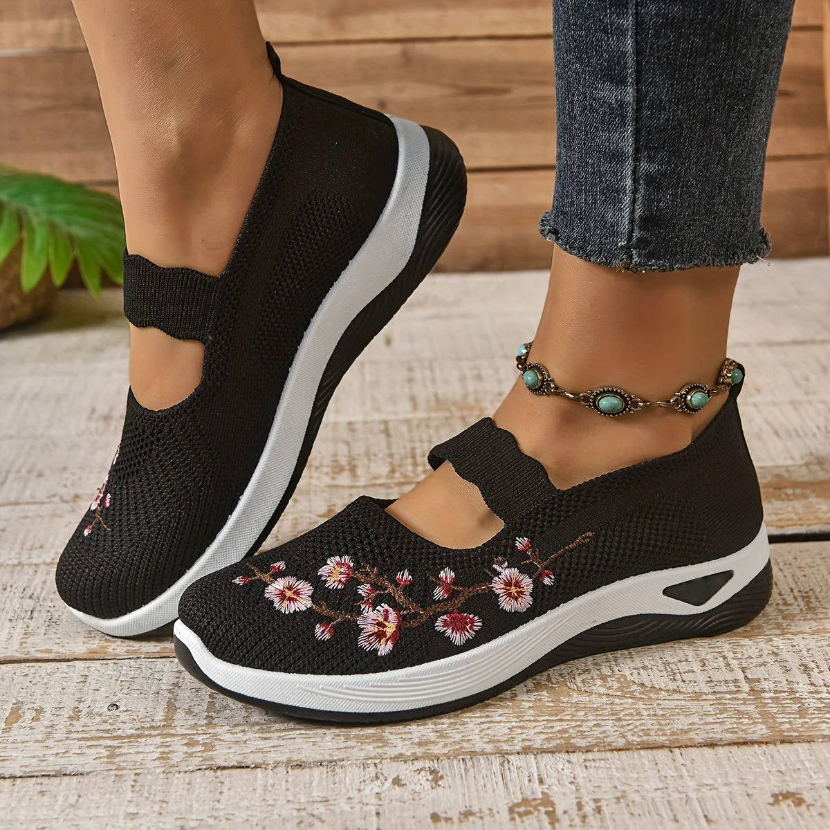 Women's Breathable Mesh Mary Jane Sneakers with Elastic Instep Strap and Textured Tread Sole