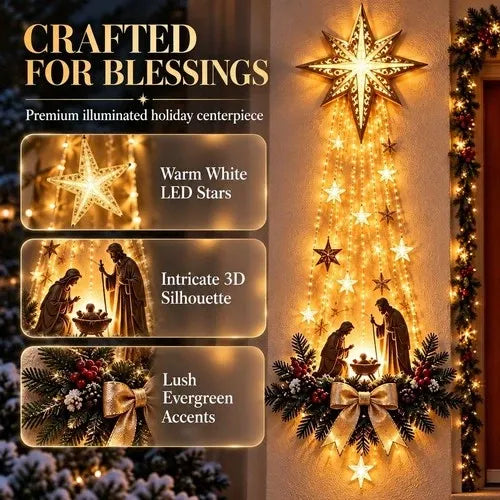 Lighted Hanging Nativity Ornament with Resin Holy Family Figures, a Cut Star and Warm White LED Lights