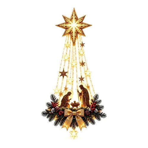 Lighted Hanging Nativity Ornament with Resin Holy Family Figures, a Cut Star and Warm White LED Lights