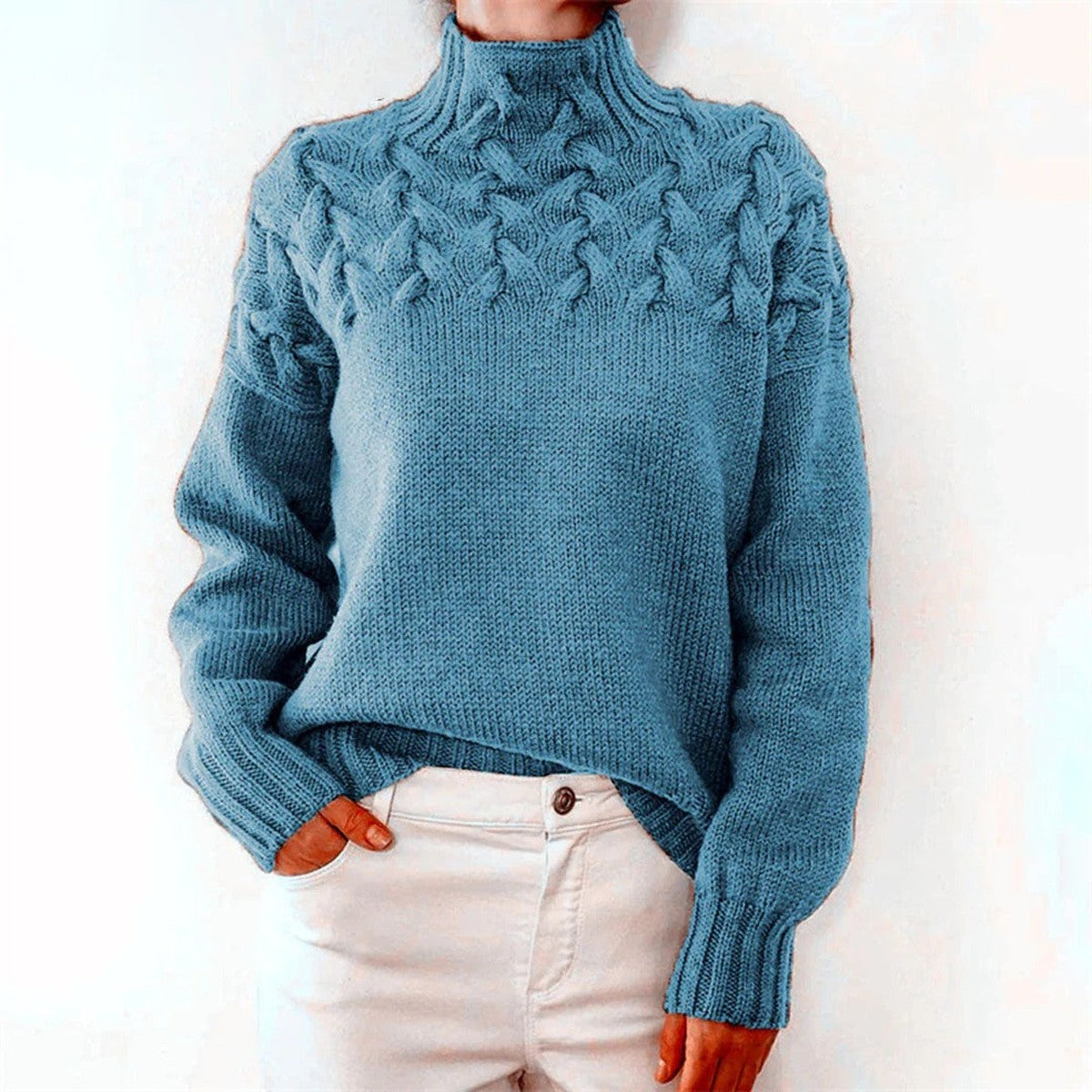 Turtleneck Sweater with Extended Hip Coverage and Soft Knit Fabric