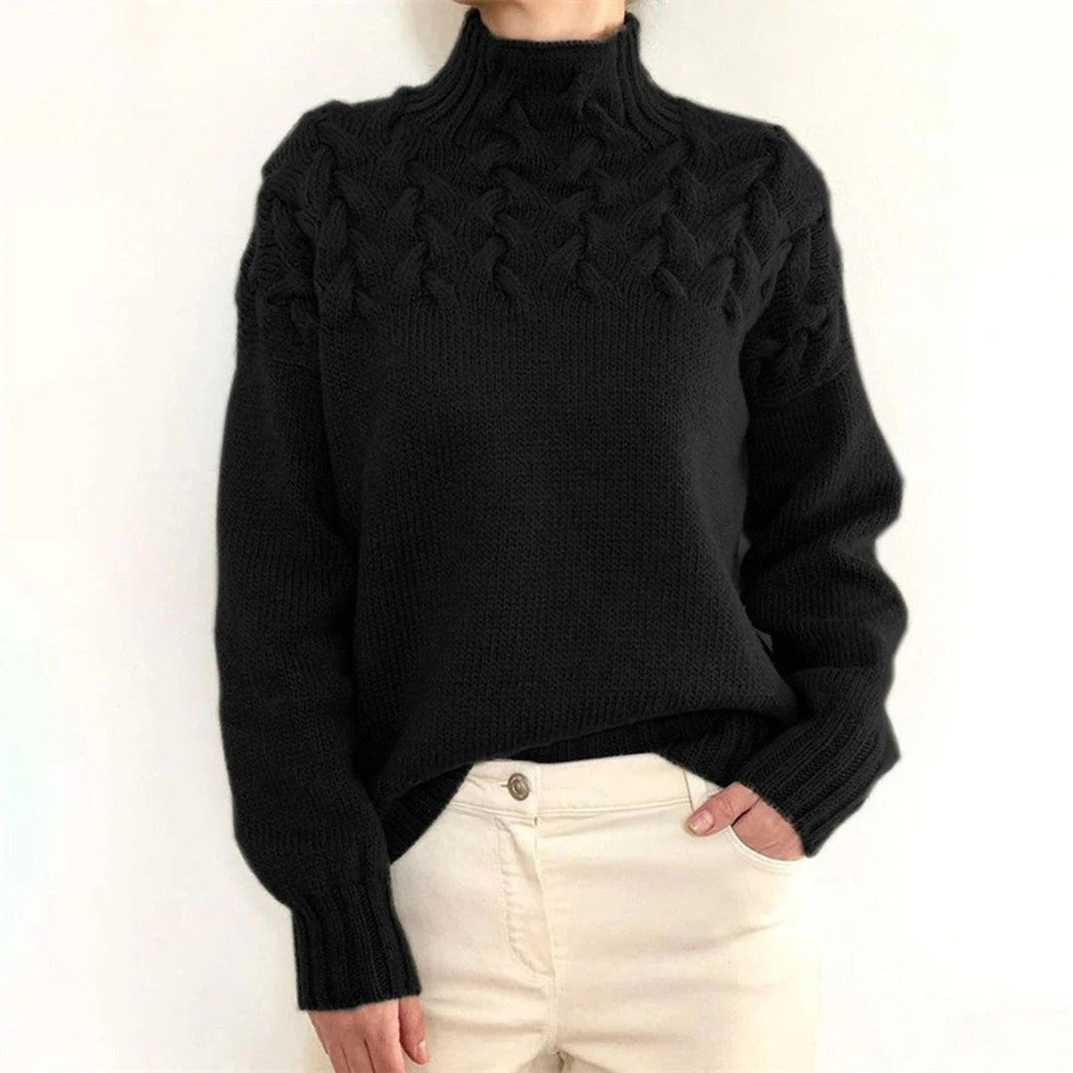 Turtleneck Sweater with Extended Hip Coverage and Soft Knit Fabric