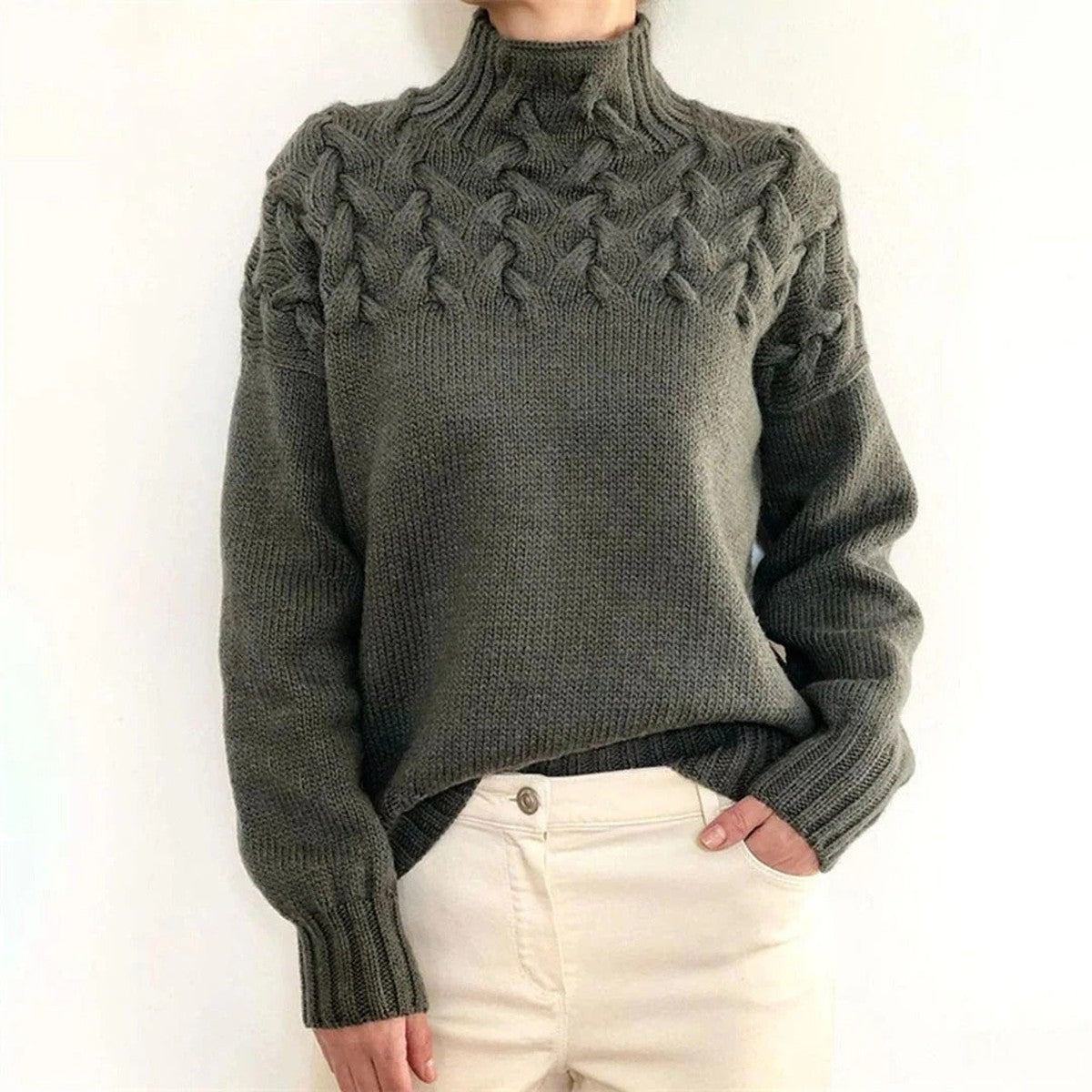 Turtleneck Sweater with Extended Hip Coverage and Soft Knit Fabric