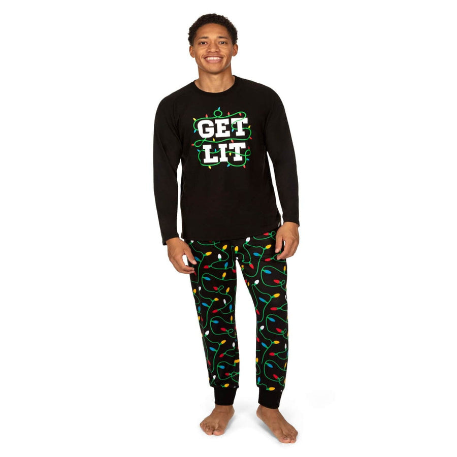 Mens Christmas Pajama Set with Fairy Light Tree Top and Decorated Pants