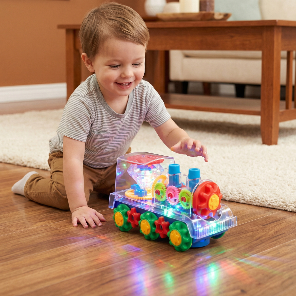 Musical Steam Train Toy with Spinning Gears, Light Display and Obstacle Avoidance