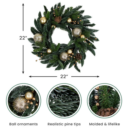 Green and Gold Holiday Wreath with Molded Needles and Grapevine Frame 22 Inch
