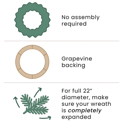 Green and Gold Holiday Wreath with Molded Needles and Grapevine Frame 22 Inch