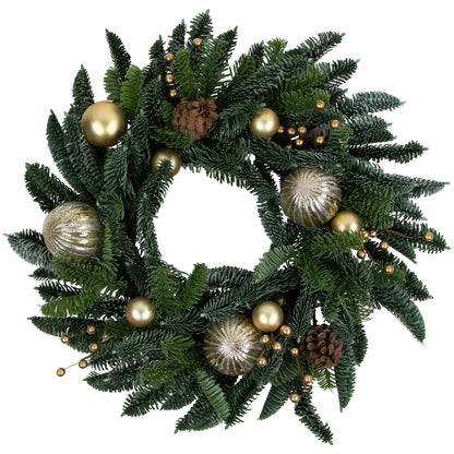 Green and Gold Holiday Wreath with Molded Needles and Grapevine Frame 22 Inch