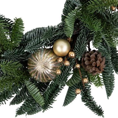 Green and Gold Holiday Wreath with Molded Needles and Grapevine Frame 22 Inch