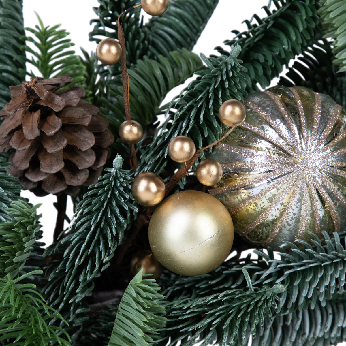 Green and Gold Holiday Wreath with Molded Needles and Grapevine Frame 22 Inch
