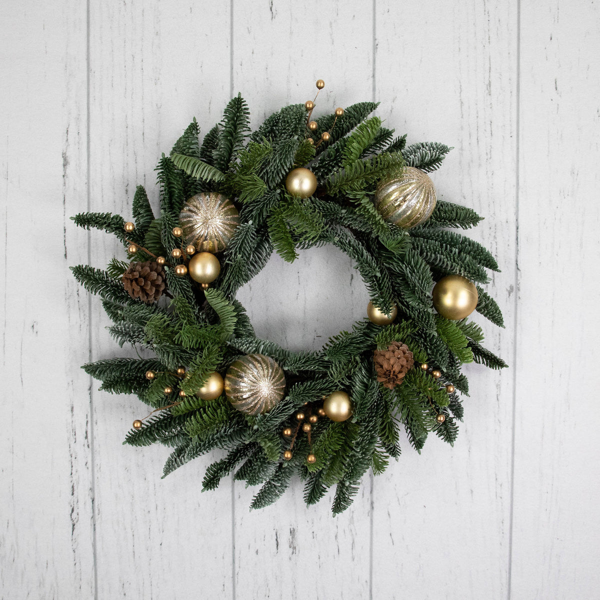Green and Gold Holiday Wreath with Molded Needles and Grapevine Frame 22 Inch