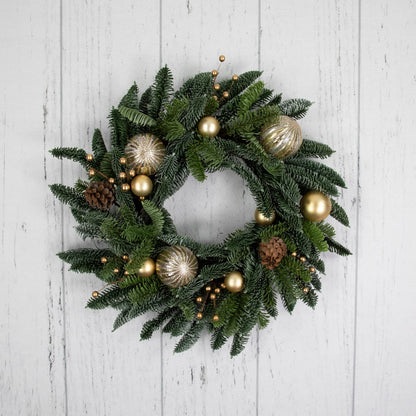 Green and Gold Holiday Wreath with Molded Needles and Grapevine Frame 22 Inch