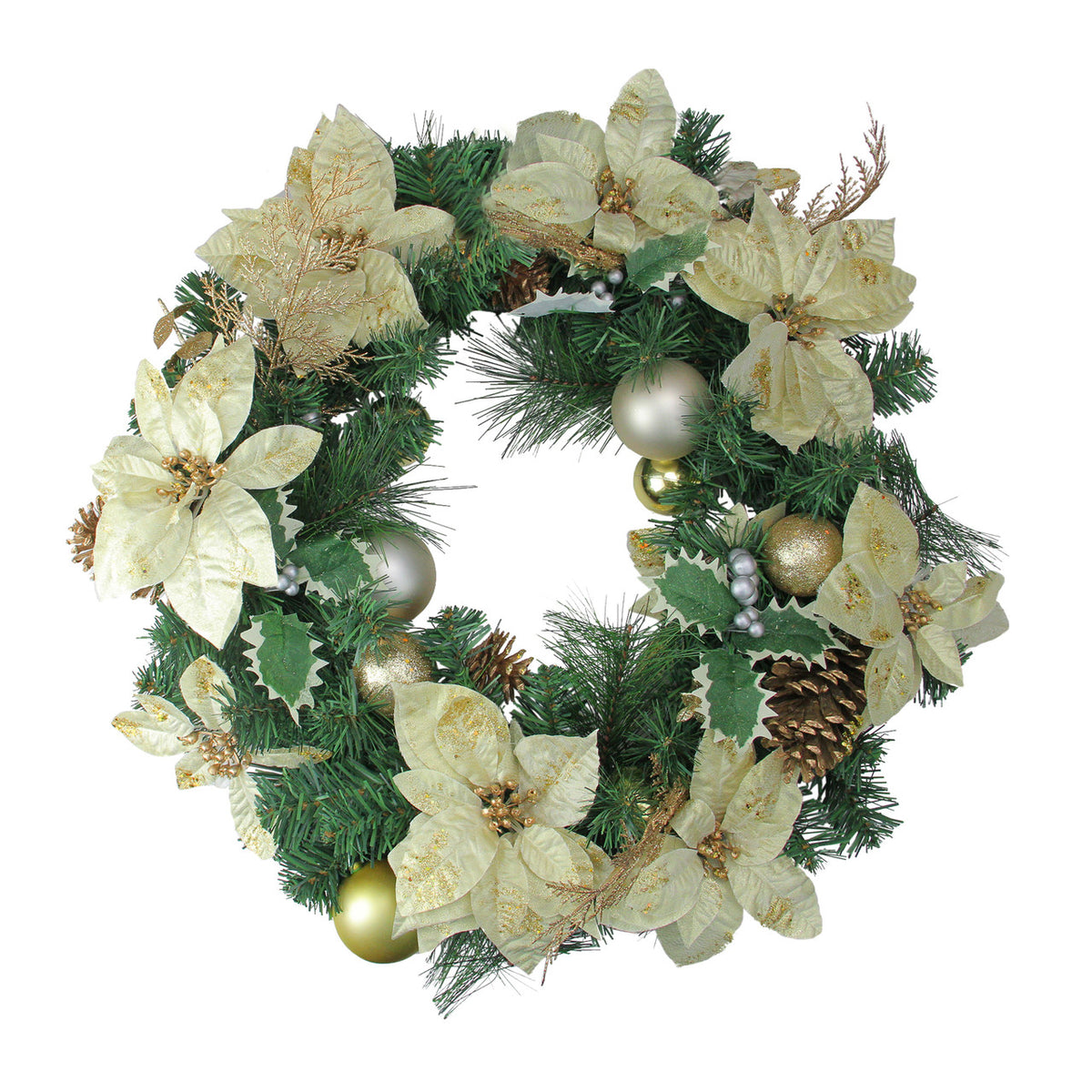 Festive Poinsettia Christmas Wreath with Long Needle Pine and Gold Accents 24 Inch