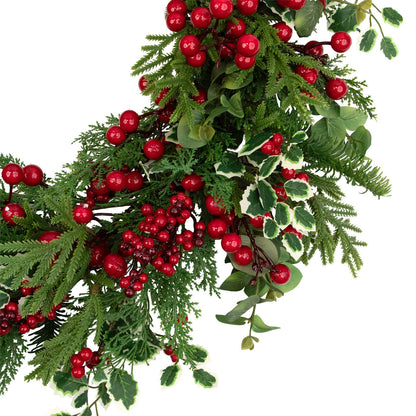 Mixed Pine and Cedar Christmas Wreath with Red Berries and Holly 30 Inch Unlit