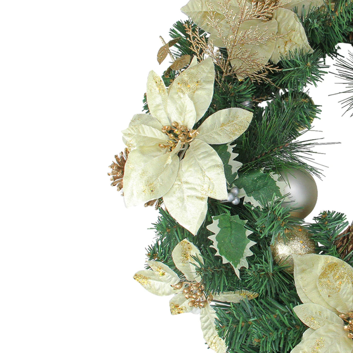 Festive Poinsettia Christmas Wreath with Long Needle Pine and Gold Accents 24 Inch