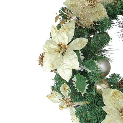 Festive Poinsettia Christmas Wreath with Long Needle Pine and Gold Accents 24 Inch