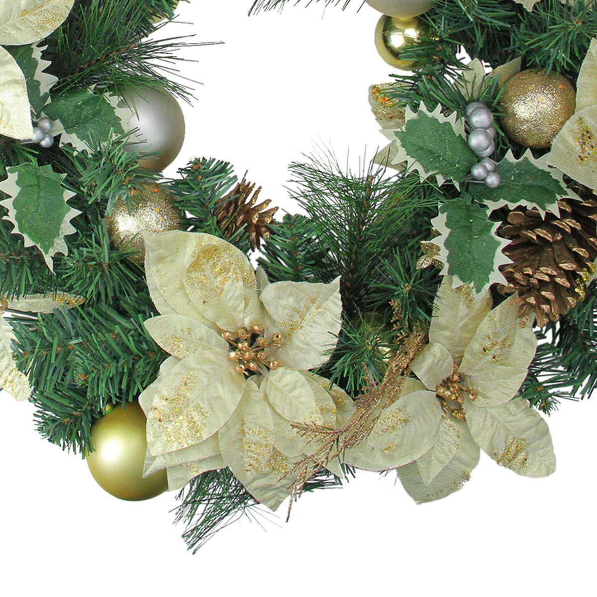 Festive Poinsettia Christmas Wreath with Long Needle Pine and Gold Accents 24 Inch