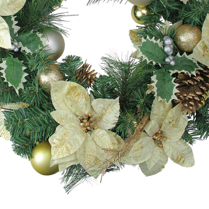 Festive Poinsettia Christmas Wreath with Long Needle Pine and Gold Accents 24 Inch