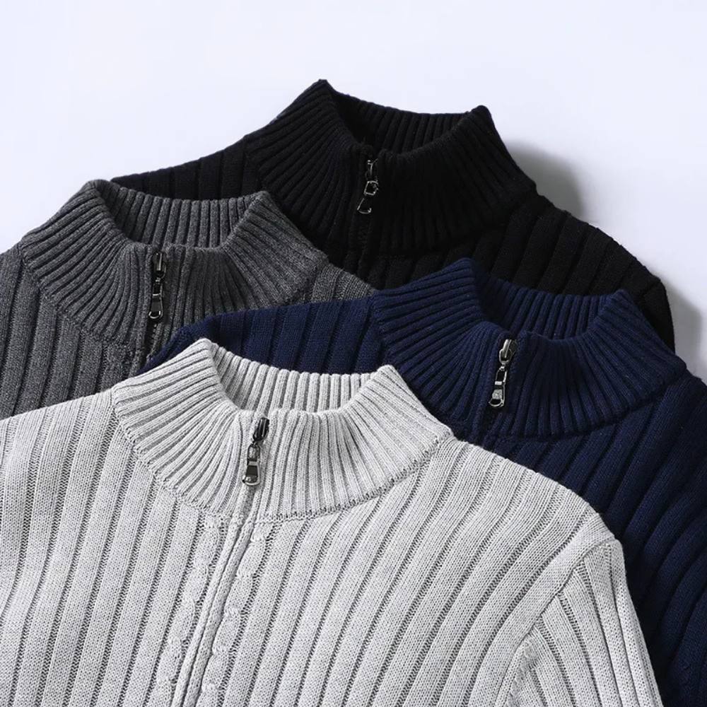 Mens Full Zip Cardigan with Stretch Knit Fabric and Ribbed Cuffs for Daily Wear