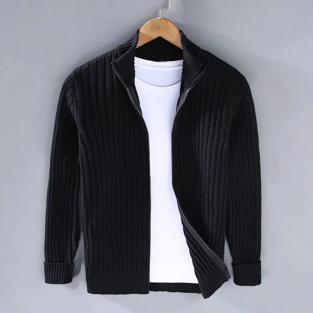 Mens Full Zip Cardigan with Stretch Knit Fabric and Ribbed Cuffs for Daily Wear