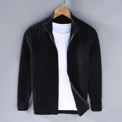 Mens Full Zip Cardigan with Stretch Knit Fabric and Ribbed Cuffs for Daily Wear