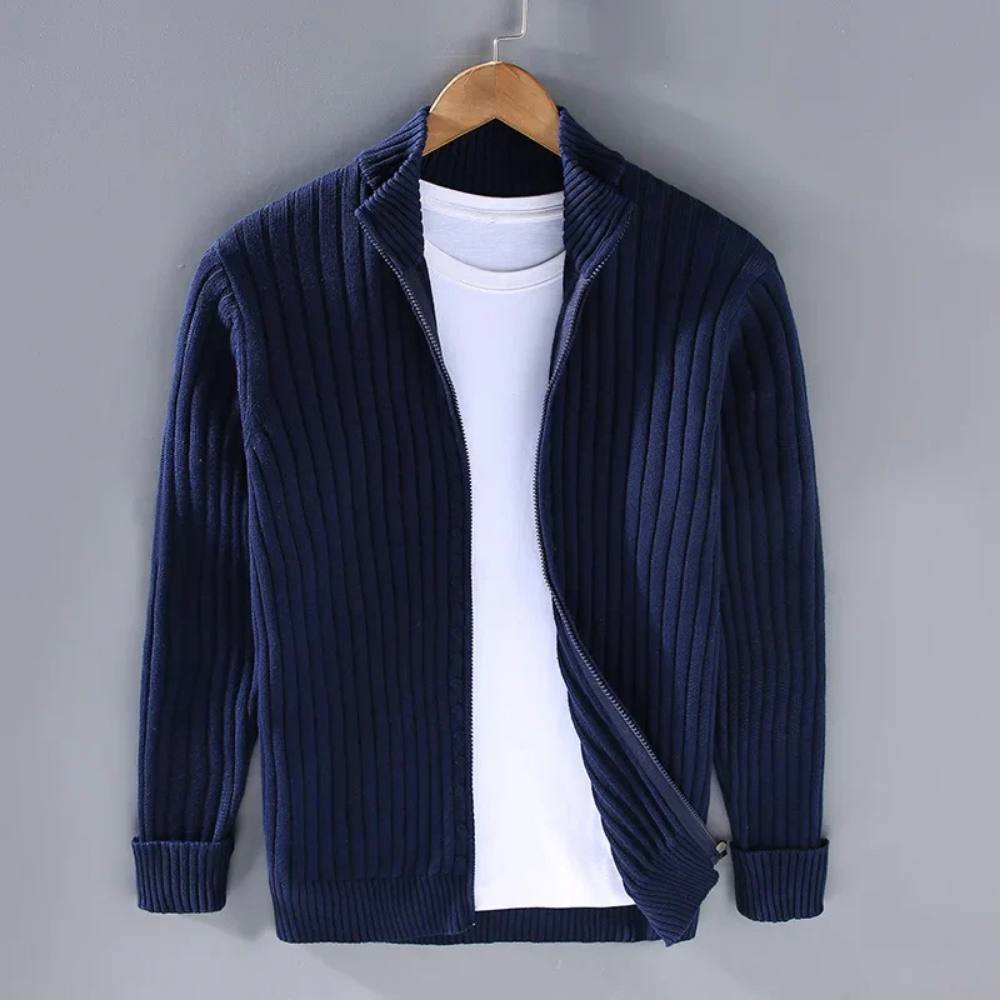 Mens Full Zip Cardigan with Stretch Knit Fabric and Ribbed Cuffs for Daily Wear