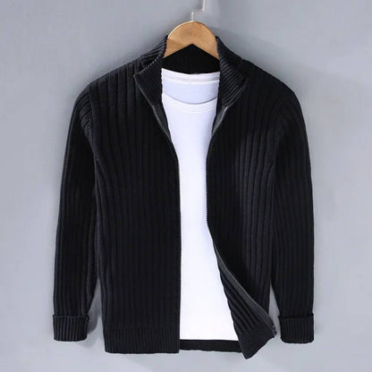 Mens Full Zip Cardigan with Stretch Knit Fabric and Ribbed Cuffs for Daily Wear