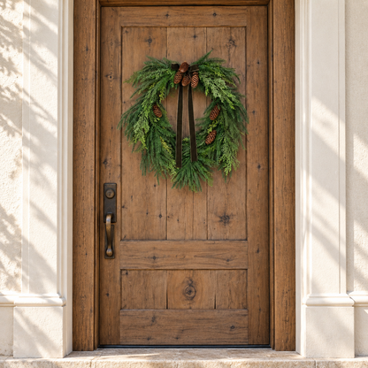 24 inch holiday pine wreath with pinecones and green ribbon